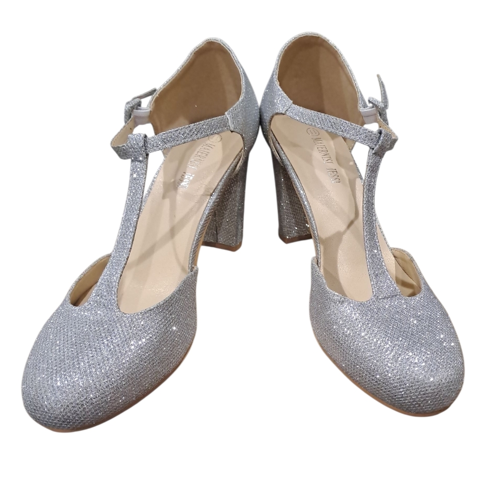 Sparkly Silver Block Chunky Heels
